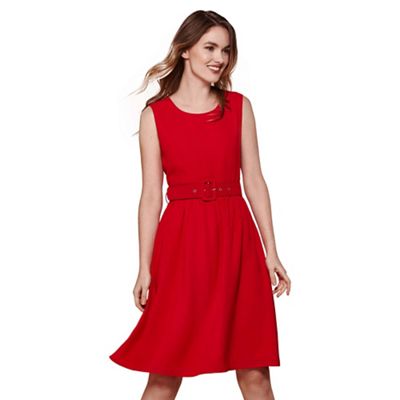 Red sleeveless belt dress